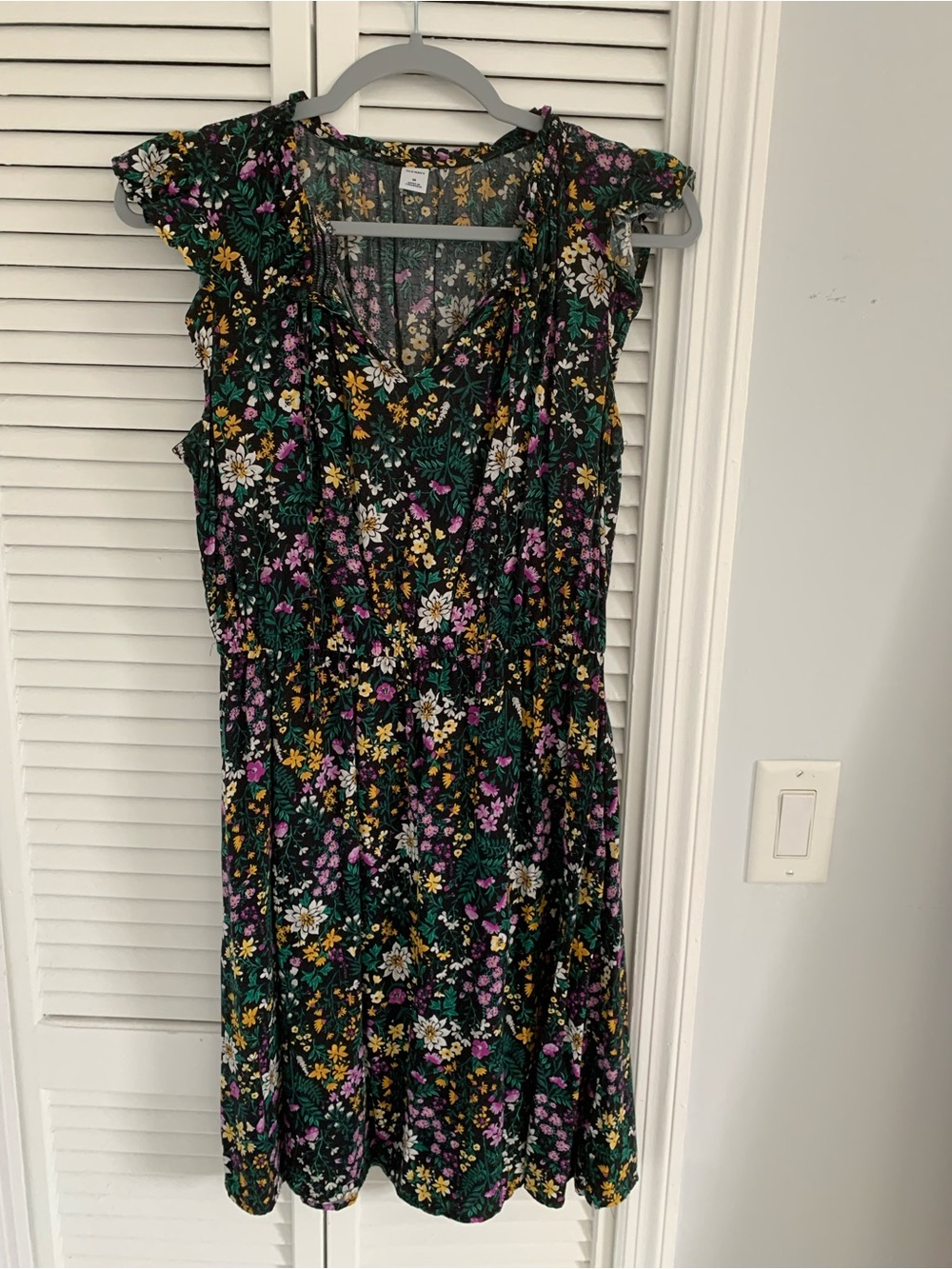 Old Navy Black Floral Midi Dress with Green, Purple & Yellow Print